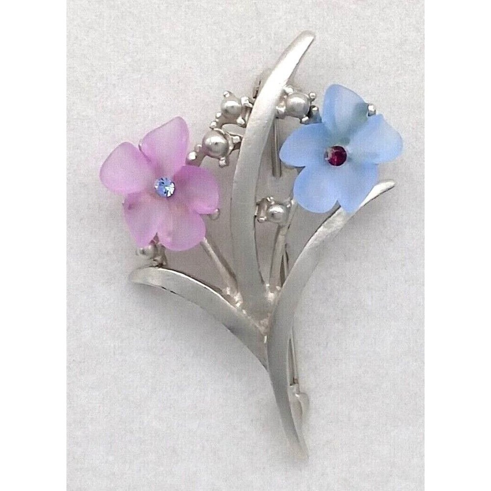 Vintage Pink Blue Lucite Flower Stem Brooch Pin Rhinestones Silver Tone Metal